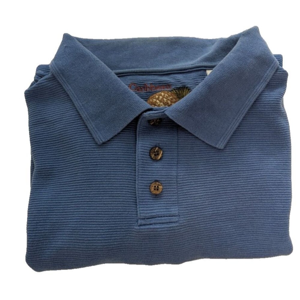 Caribbean Short Sleeve Polo Men's XL Silk & Cotton Ribbed Knit Blue Flaw